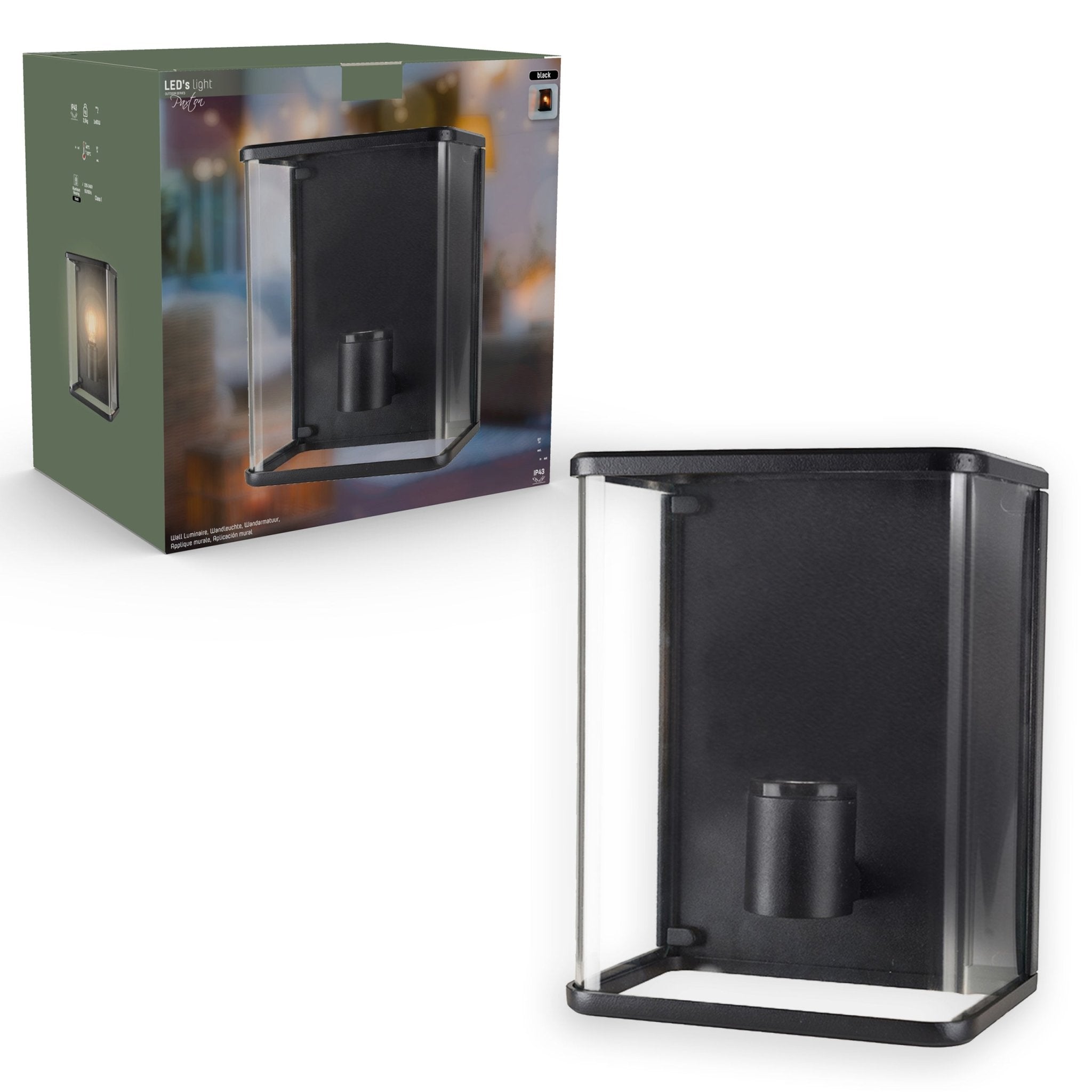 LED Wandlamp Glas - Rondom licht - Rechthoek - E27 fitting - IP44 - Zwart - LED.nl