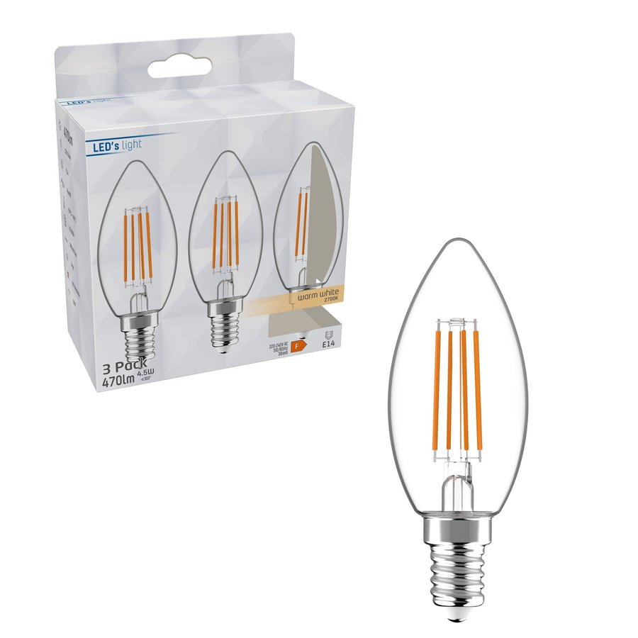 LED Lampen Kaars E14 - helder glas - Warm wit licht - 470 lm - 3PACK LED Filament Lampen LED.nl