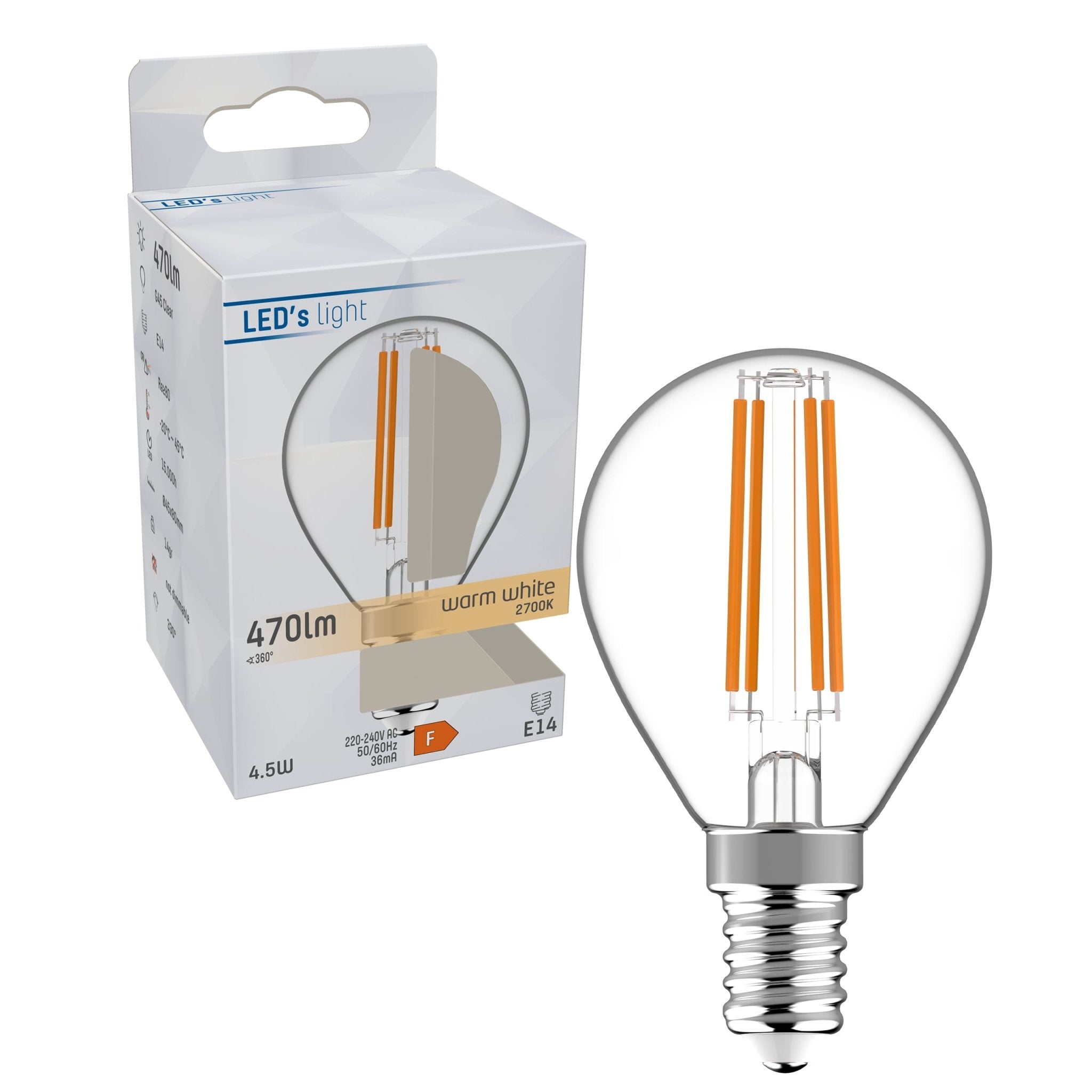LongLife LED Filament Lamp E14 - Helder - Kogel Ø 4.5 cm - Warm wit - 4.5W (40W) - LED.nl