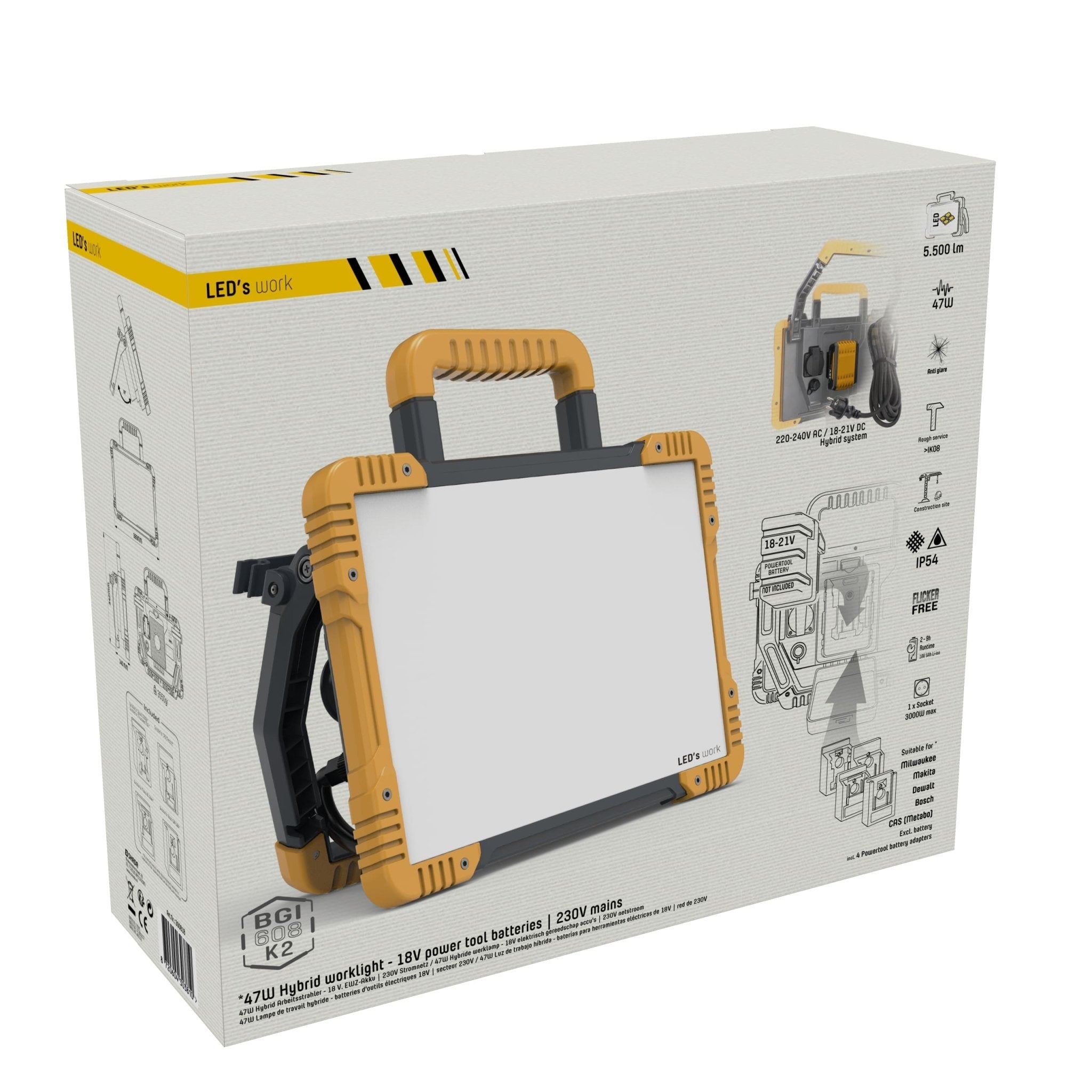 MultiPro Hybride LED bouwlamp 47W – Bedraad en draadloos te gebruiken – 5500 lumen – IP54 – Rough Service Tested - LED.nl