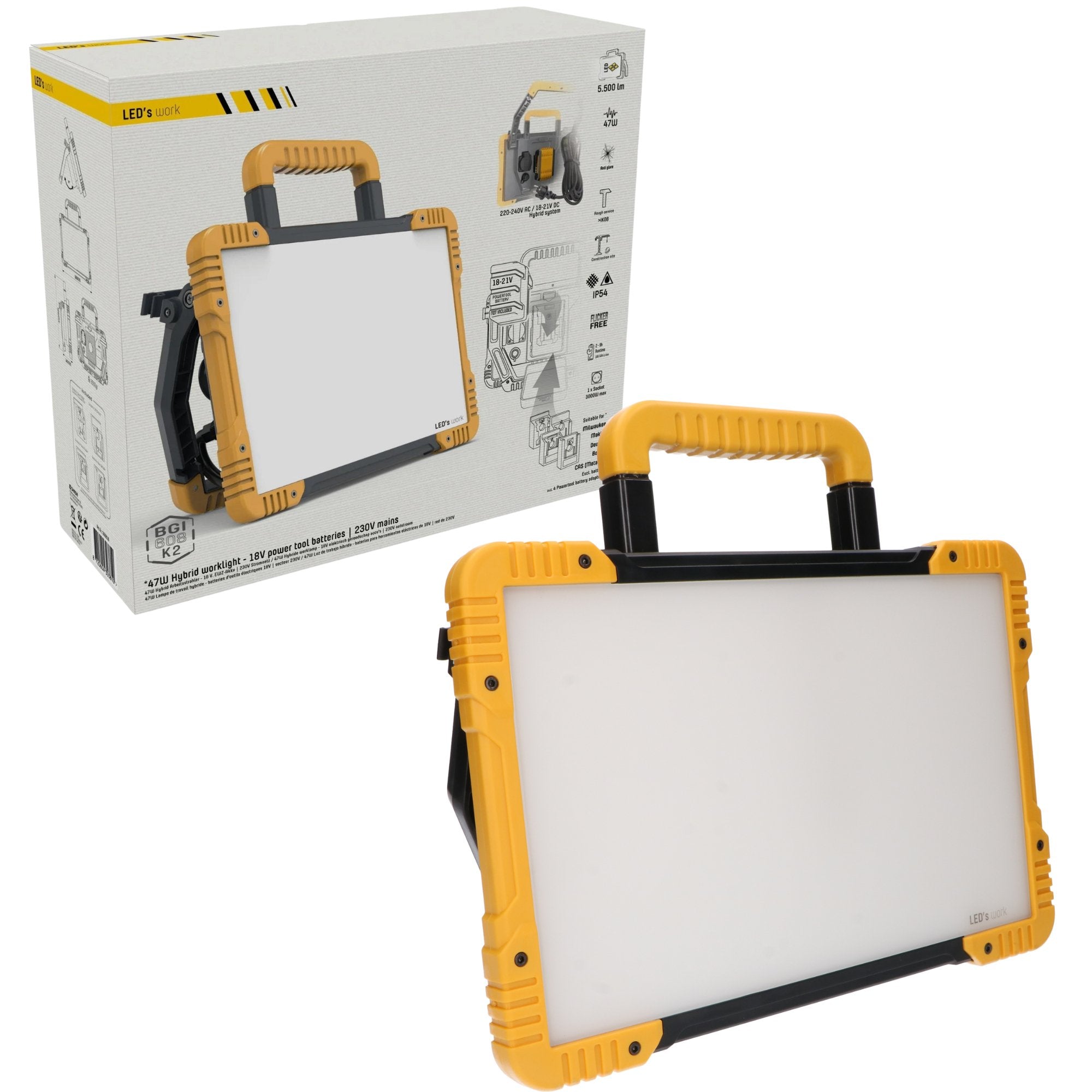 MultiPro Hybride LED bouwlamp 47W – Bedraad en draadloos te gebruiken – 5500 lumen – IP54 – Rough Service Tested - LED.nl