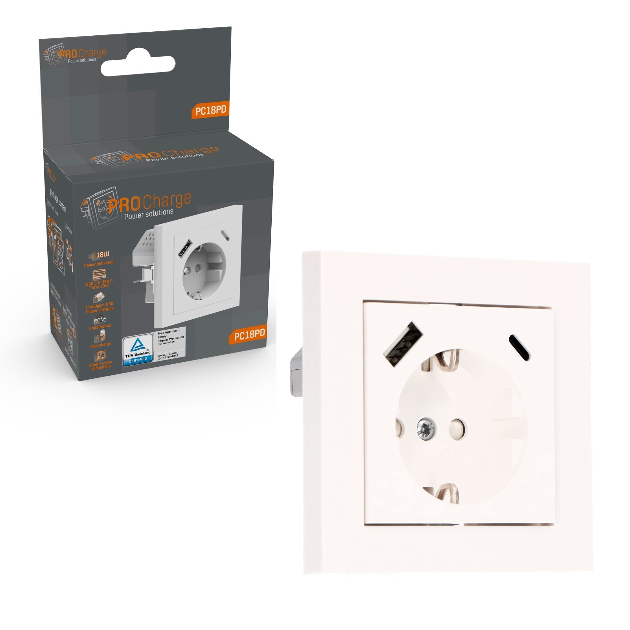 ProCharge Wandcontactdoos met USB-C en USB snelladers - Universeel - Wit - RAL9010 - LED.nl