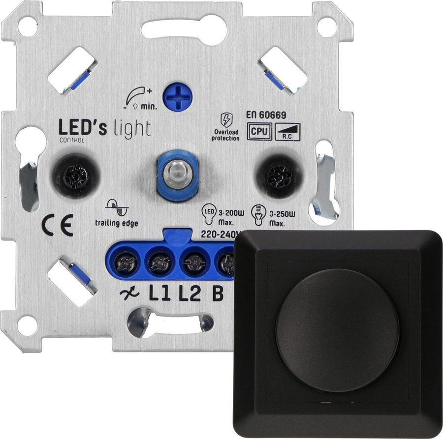 Proventa Premium LED-Dimmer komplett mit Abdeckrahmen – Universell für alle dimmbaren Leuchtmittel – Schwarz - LED.de