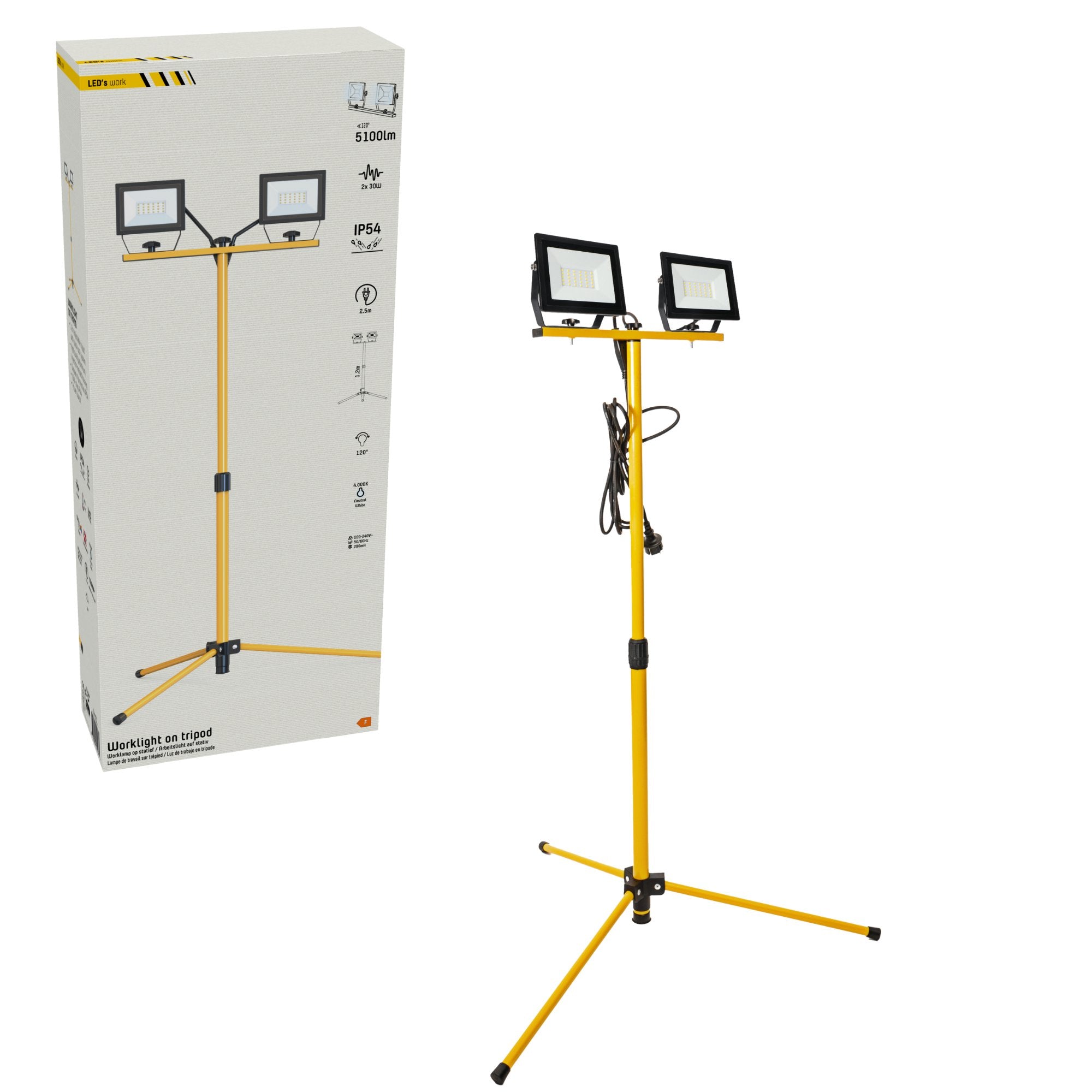 ProWork DUO Tripod LED werklampen op statief - In hoogte verstelbaar - 6370 lm Bouwlampen Led.nl