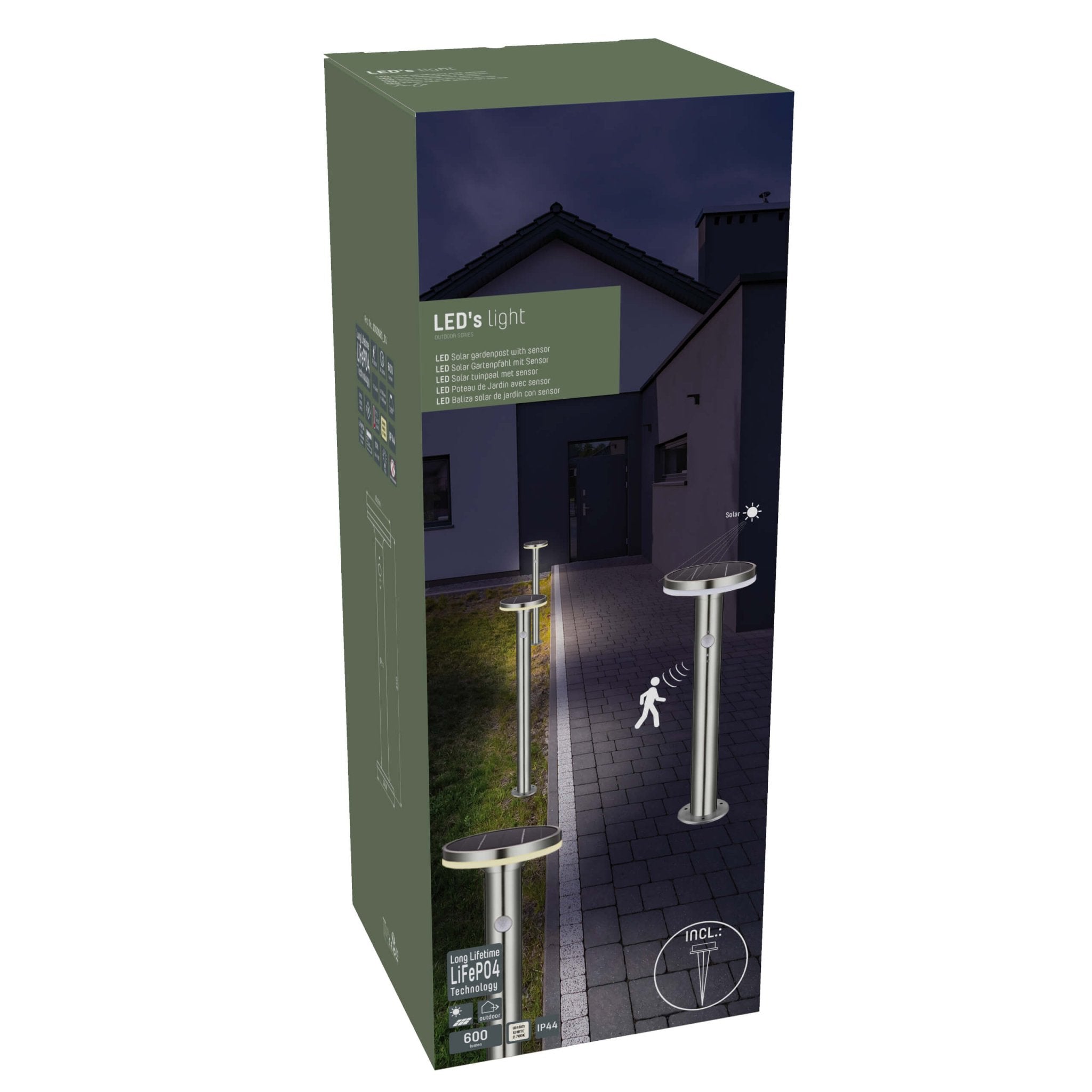 LED's Light RVS Solar LED Tuin Lantaarnpaal met Bewegingssensor - Draadloos - 3 standen - Zilver Lantaarns LED.nl