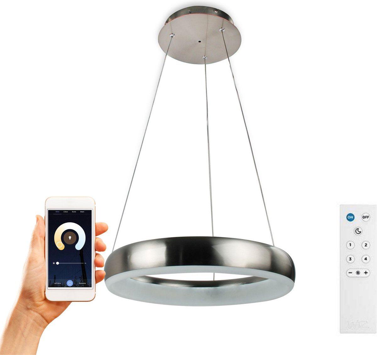 Smart LED Hanglamp rond 60 cm - Bedienbaar met afstandsbediening en app - White & Color - Zilver - LED.nl